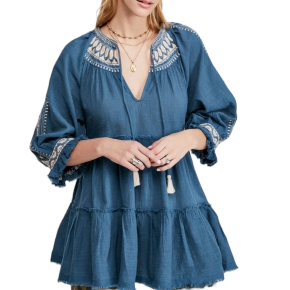 Free People Women's Shirt Dreamweaver Tunic Top Tiered Embroidered Medium